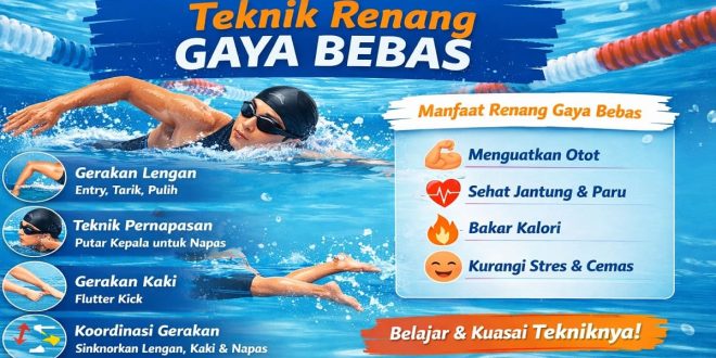 Ilustrasi teknik gerakan lengan renang gaya bebas lengkap dengan teknik pernapasan, gerakan kaki, dan koordinasi tubuh di kolam renang